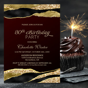 Burgundy Gold Glitter 80th Birthday Party Invitation