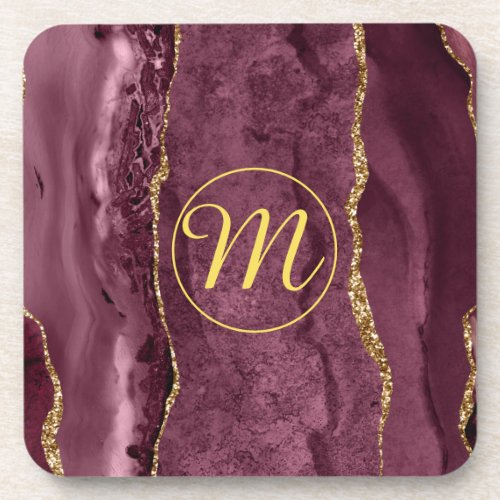 Burgundy  Gold Glitter Agate Beverage Coaster