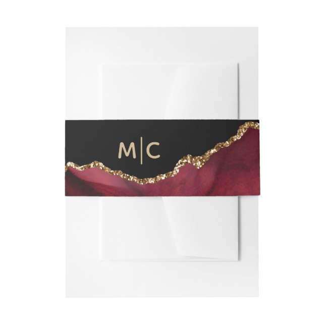 Burgundy Gold Glitter Agate Geode Monogram Wedding Invitation Belly Band (Front Example)