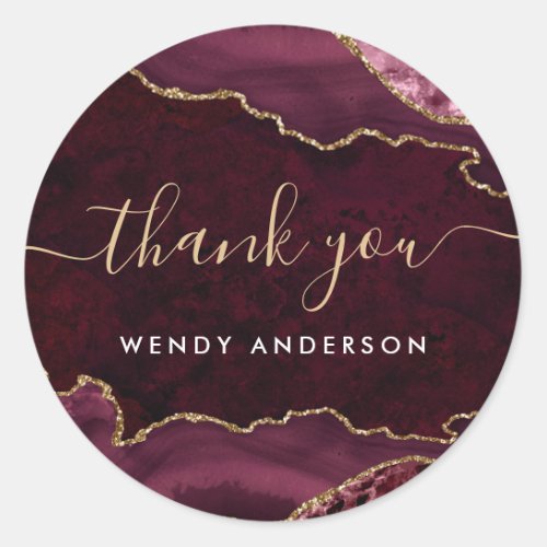 Burgundy Gold Glitter Agate Geode Name Thank You Classic Round Sticker