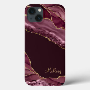 Burgundy Gold Glitter Agate Monogram iPhone 13 Case