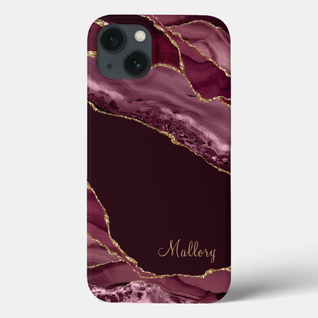 Burgundy Gold Glitter Agate Monogram  Case-Mate iPhone Case (Back)