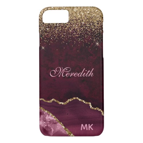 Burgundy Gold Glitter Agate Personalized iPhone 87 Case