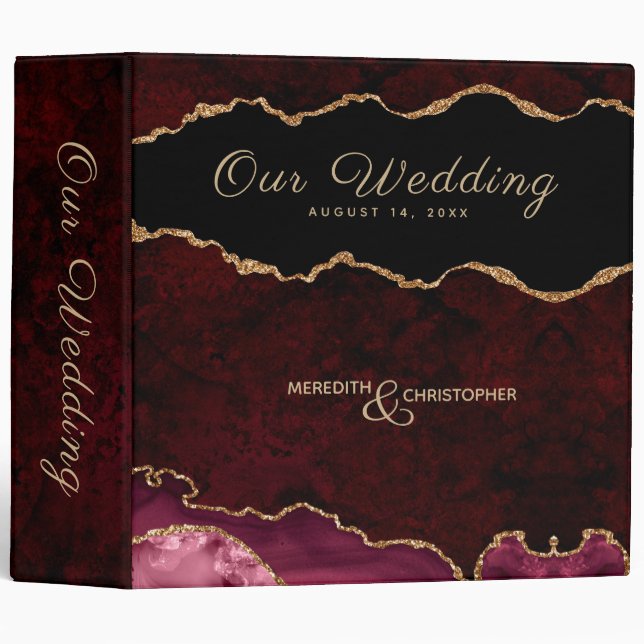 Burgundy Gold Glitter Agate Wedding 3 Ring Binder (Front/Spine)