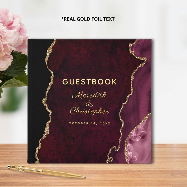 Burgundy Gold Glitter Agate Wedding Gold Foil Guest Book (Creator Uploaded)
