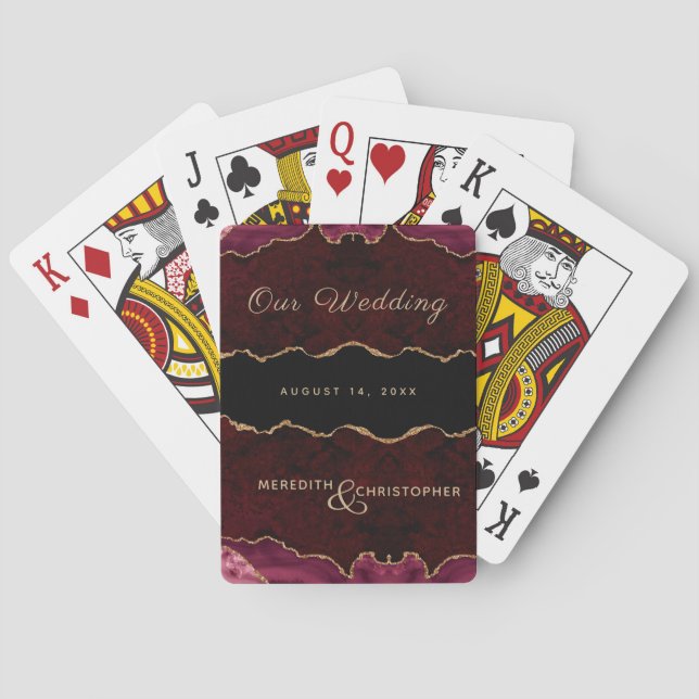 Burgundy Gold Glitter Agate Wedding Poker Cards (Back)