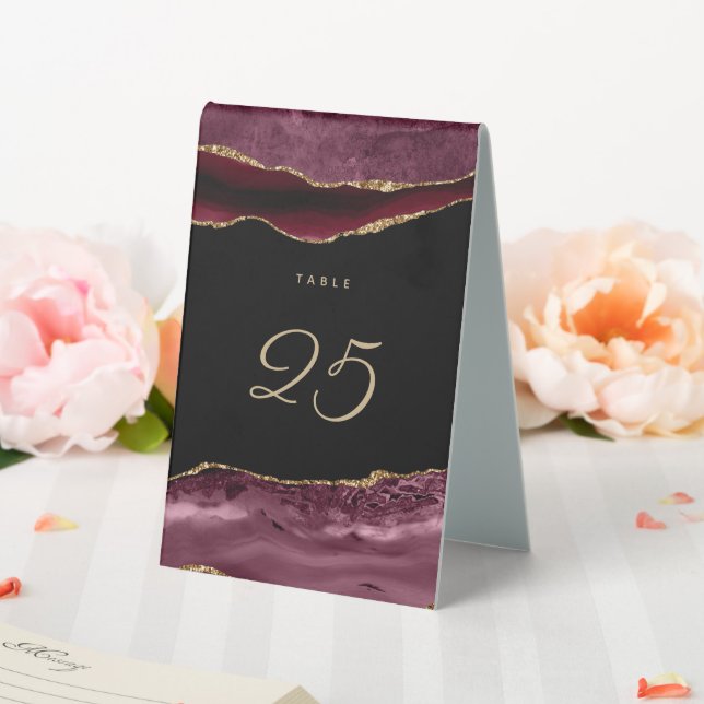 Burgundy Gold Glitter Agate Wedding Table Tent (In SItu (Wedding))