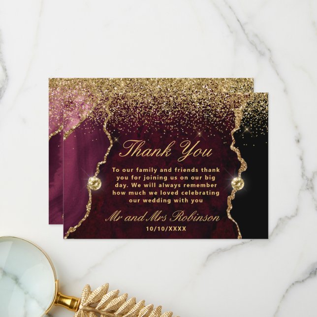 Burgundy Gold Glitter Agate Wedding Thank You Card (Front/Back In Situ)