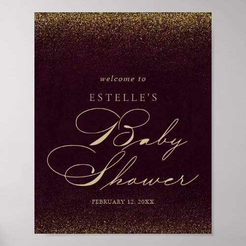 Burgundy Gold Glitter Baby Shower Welcome   Poster