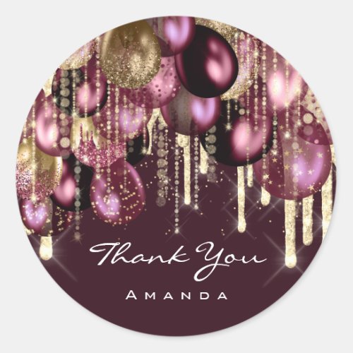 Burgundy GOLD GLITTER BALLONS DRIPS THANK YOU NAME Classic Round Sticker