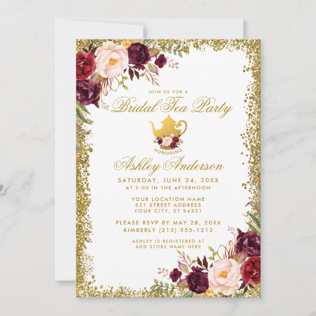 Burgundy Gold Glitter Bridal Tea Party Invite (Front)