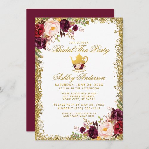 Burgundy Gold Glitter Bridal Tea Party Invite B