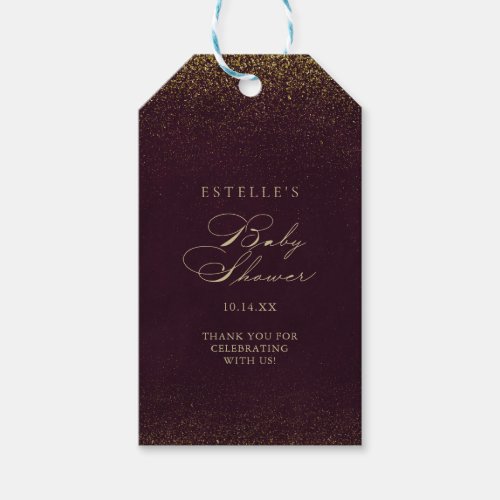 Burgundy Gold Glitter Calligraphy Baby Shower  Gift Tags