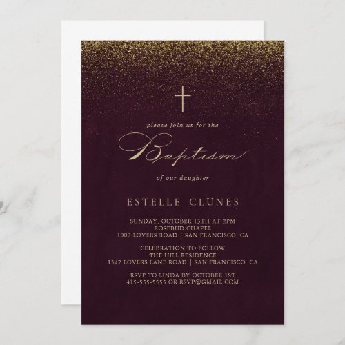 Burgundy Gold Glitter Calligraphy Baptism  Invitation