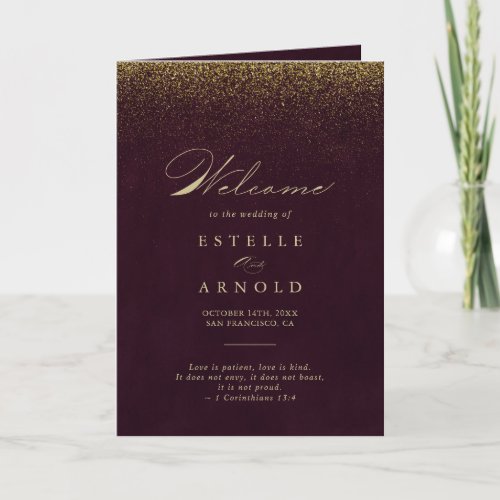 Burgundy Gold Glitter Calligraphy Folded Wedding Program