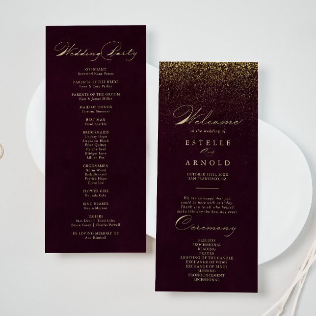 Burgundy Gold Glitter Calligraphy Wedding Program (Creator Uploaded)