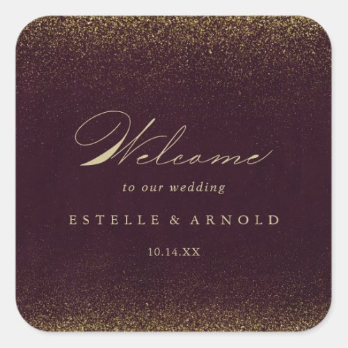 Burgundy Gold Glitter Calligraphy Wedding Welcome Square Sticker