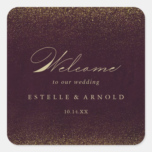 Burgundy Gold Glitter Calligraphy Wedding Welcome Square Sticker (Front)
