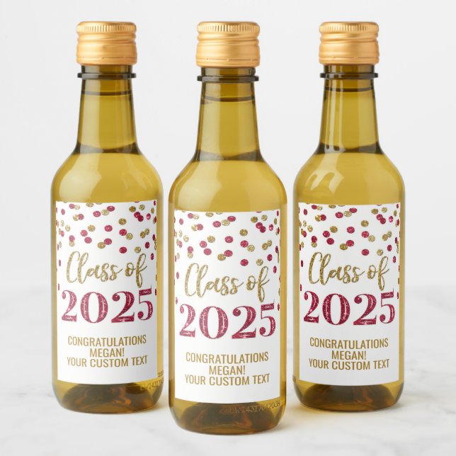 Burgundy Gold Glitter Class of 2025 Graduation Wine Label (Bottles)
