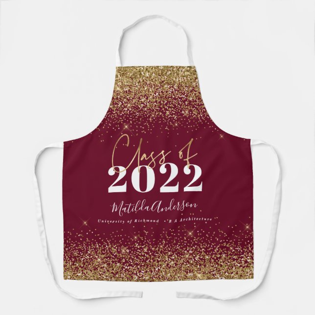 Burgundy gold glitter class of graduation modern apron (Front)