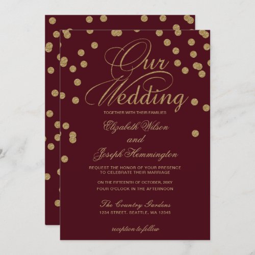 Burgundy Gold Glitter Confetti Elegant Wedding Invitation