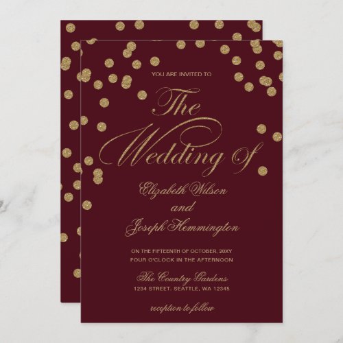 Burgundy Gold Glitter Confetti Elegant Wedding Invitation