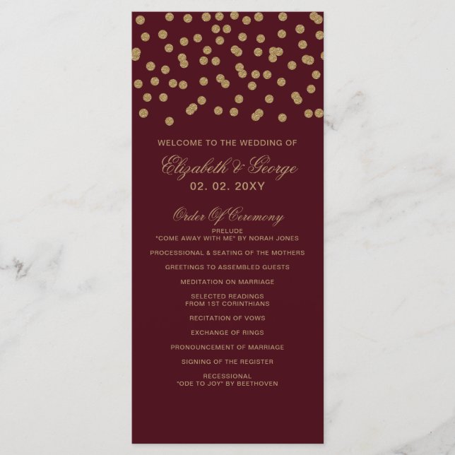 Burgundy Gold Glitter Confetti Elegant Wedding Program (Front)