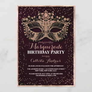 Burgundy Gold Glitter Confetti Masquerade Birthday Invitation
