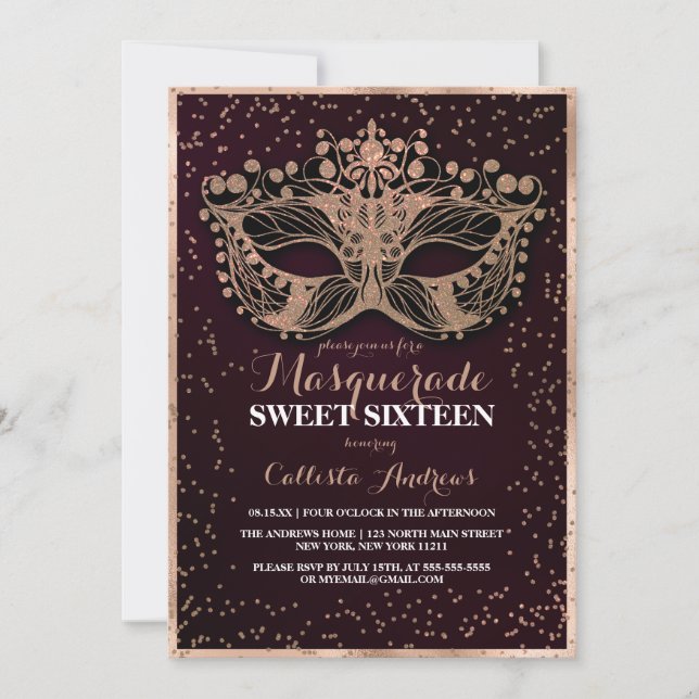 Burgundy Gold Glitter Confetti Masquerade Sweet 16 Invitation (Front)