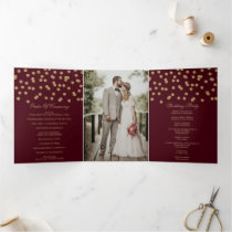 Burgundy Gold Glitter Confetti Photo Wedding Tri-Fold Program