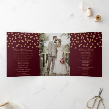 Burgundy Gold Glitter Confetti Photo Wedding Tri-Fold Program