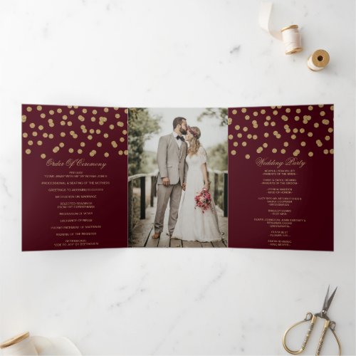 Burgundy Gold Glitter Confetti Photo Wedding Tri_Fold Program