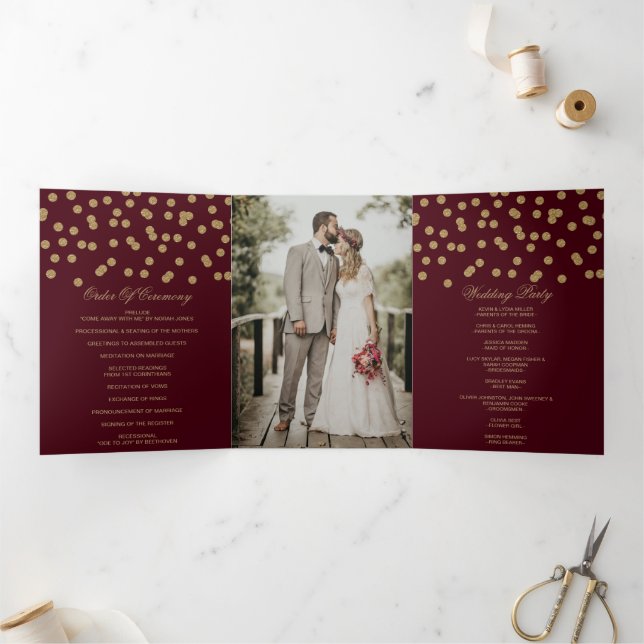 Burgundy Gold Glitter Confetti Photo Wedding Tri-Fold Program (Inside)