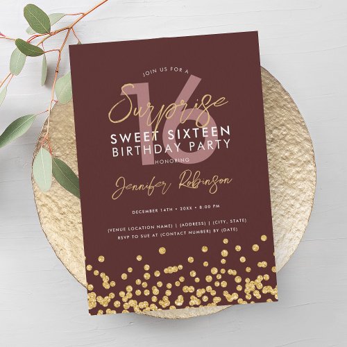 Burgundy Gold Glitter Confetti Surprise Sweet 16  Invitation