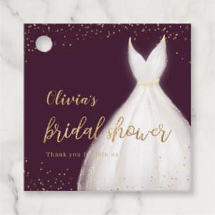 Burgundy Gold Glitter Elegant Dress Bridal Shower Favor Tags