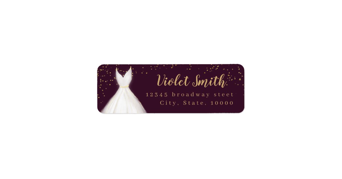 Burgundy Gold Glitter Elegant Dress return address Label | Zazzle
