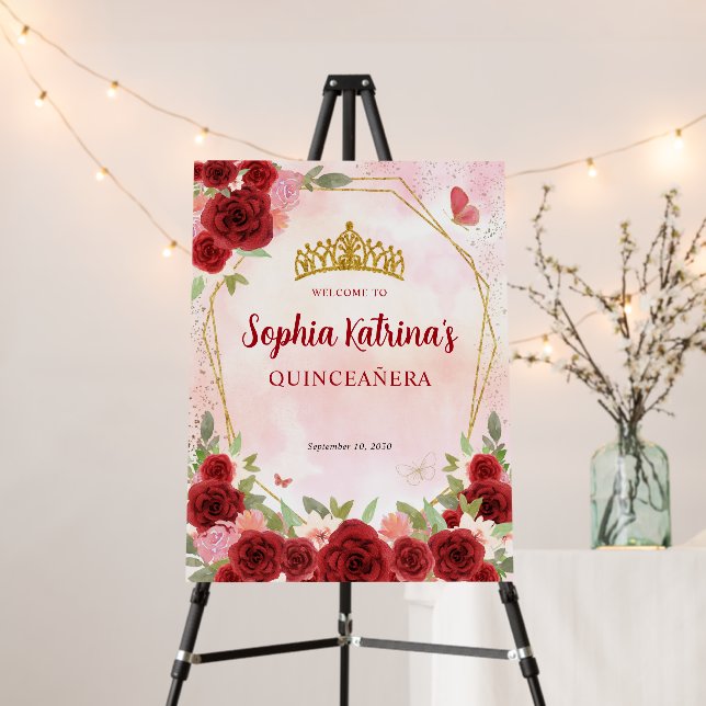 Burgundy Gold Glitter Floral Princess Quinceañera Foam Board (In Situ (Stand))