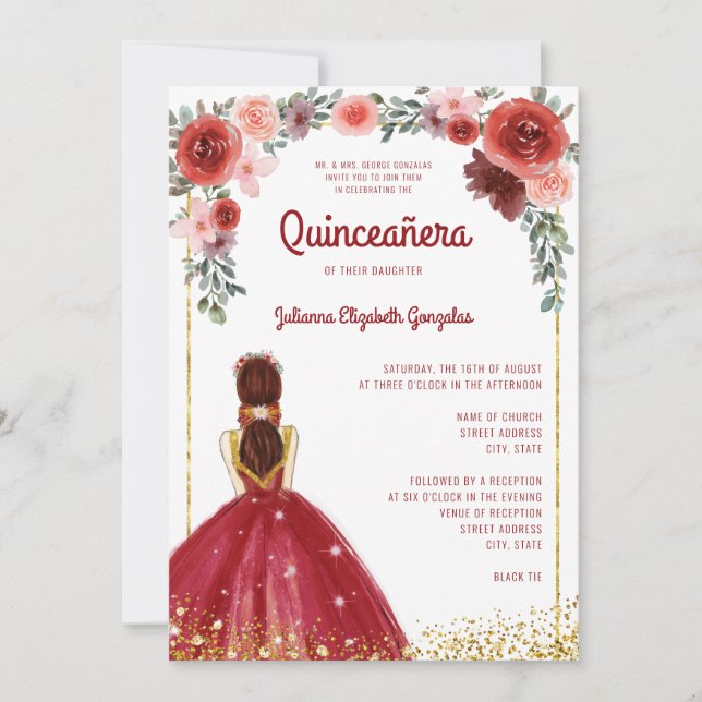 Burgundy Gold Glitter Floral Princess Quinceanera Invitation (Front)