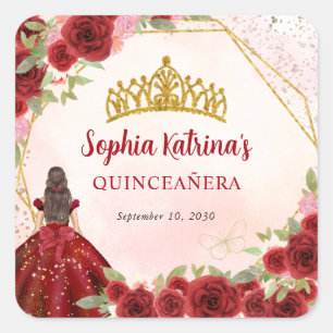 Burgundy Gold Glitter Floral Princess Tiara Favor Square Sticker