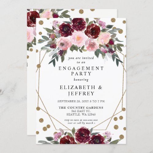 Burgundy Gold Glitter Geometric Engagement Party   Invitation