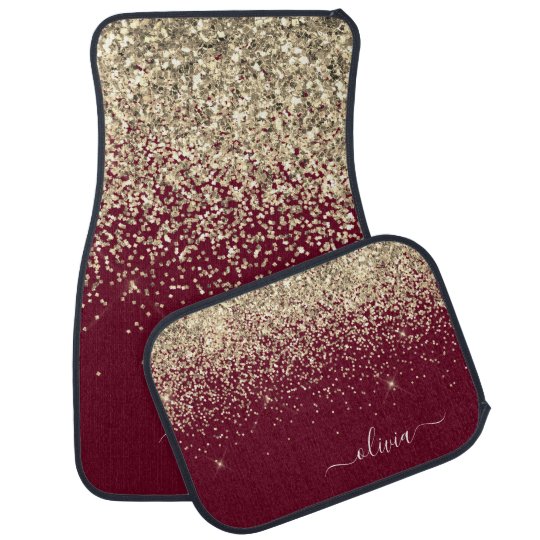 Burgundy Gold Glitter Girly Monogram Glam Car Floor Mat