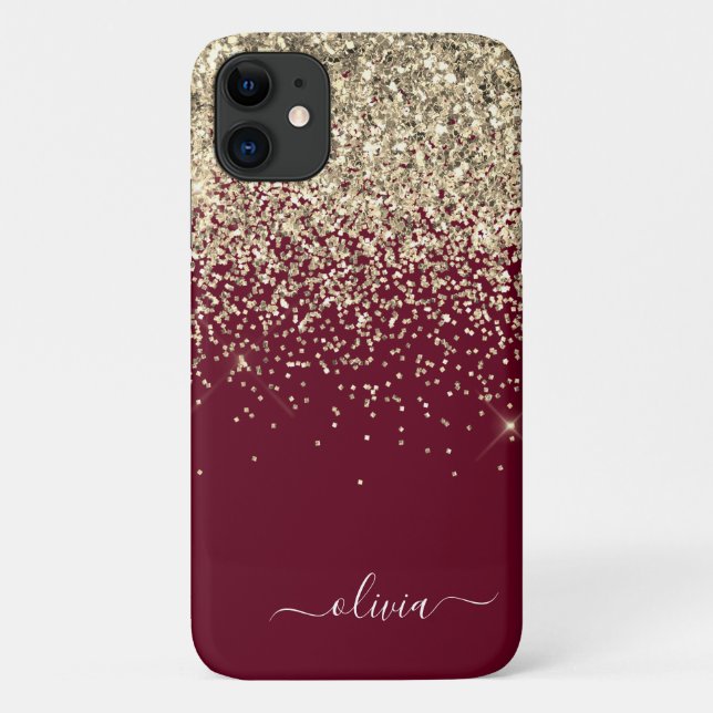 Burgundy Gold Glitter Girly Monogram Glam Case-Mate iPhone Case (Back)