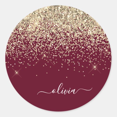 Burgundy Gold Glitter Girly Monogram Glam Classic Round Sticker