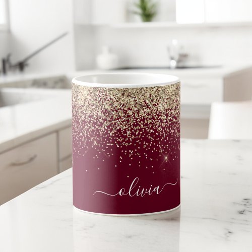 Burgundy Gold Glitter Girly Monogram Glam Coffee Mug