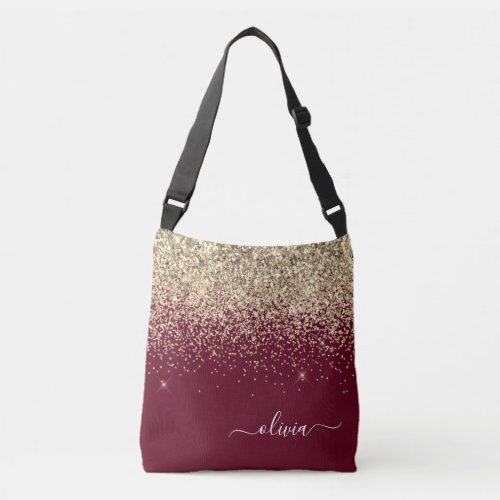 Burgundy Gold Glitter Girly Monogram Glam Crossbody Bag