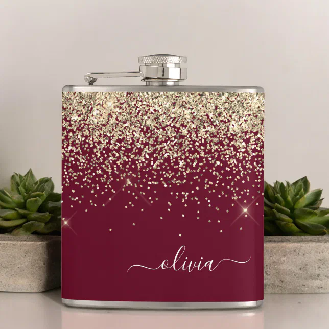 Gllinter Design Burgundy Gold Glitter Girly Monogram Glam Flask | Zazzle