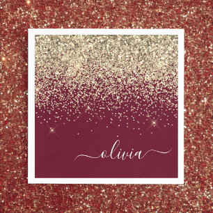 Burgundy Gold Glitter Girly Monogram Glam Napkins