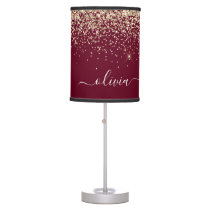 Burgundy Gold Glitter Girly Monogram Glam Table Lamp