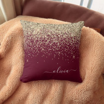 Burgundy Gold Glitter Girly Monogram Glam Throw Pillow