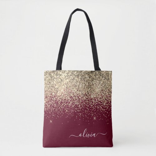 Burgundy Gold Glitter Girly Monogram Glam Tote Bag